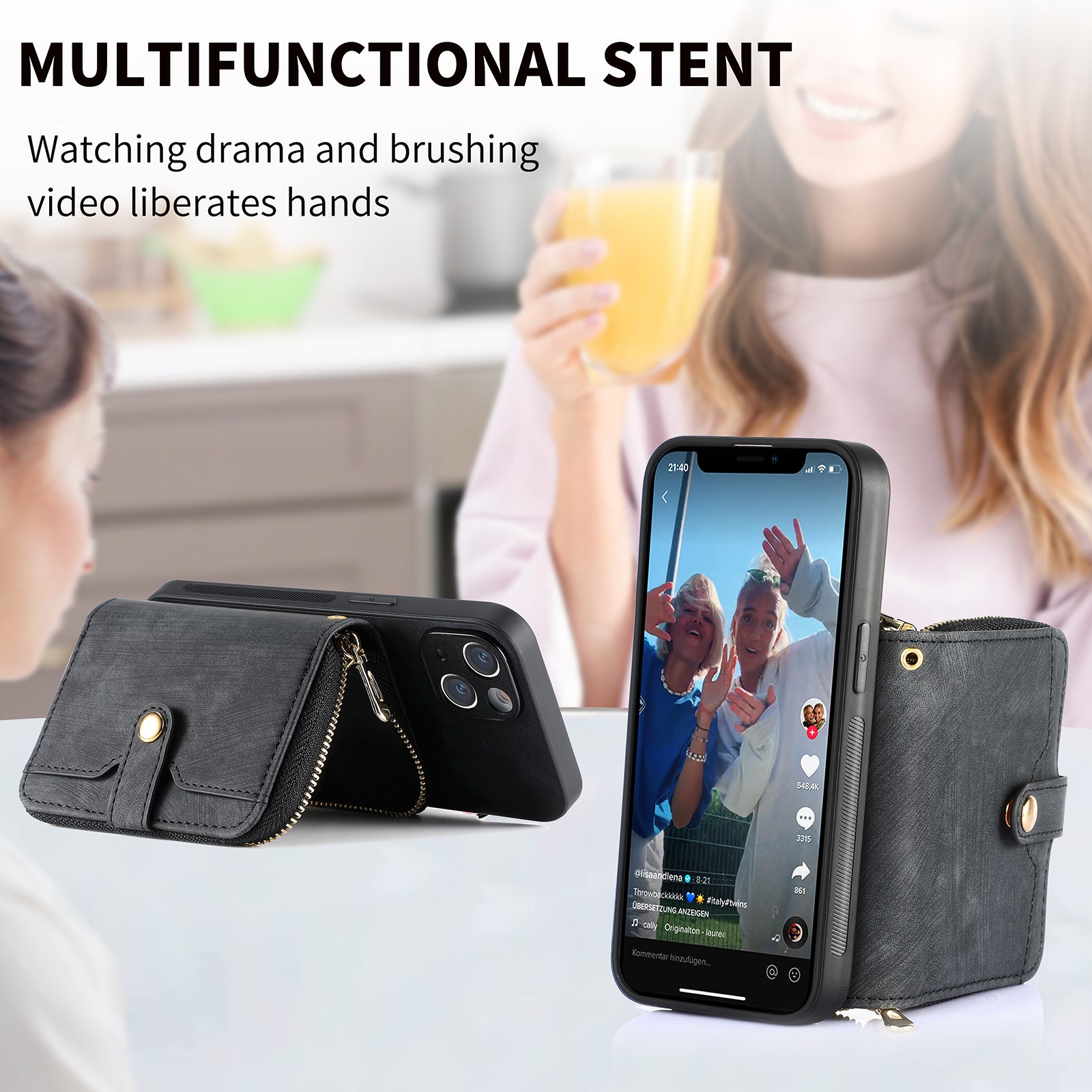 Zipper Wallet Phone Cover for iPhone 15 Plus , Leather Coated PC+TPU Kickstand Case with Lanyard - Black