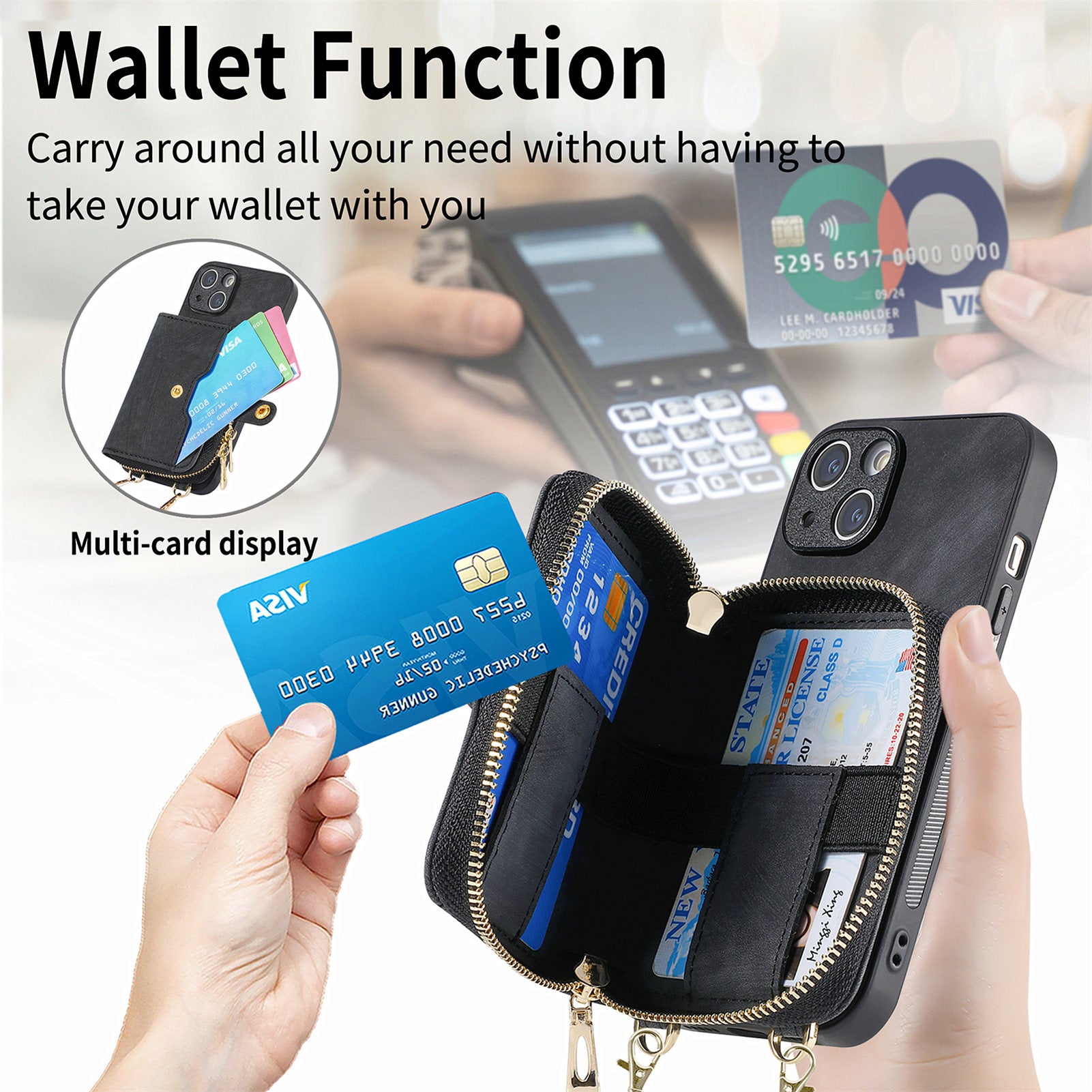Zipper Wallet Phone Cover for iPhone 15 Plus , Leather Coated PC+TPU Kickstand Case with Lanyard - Black