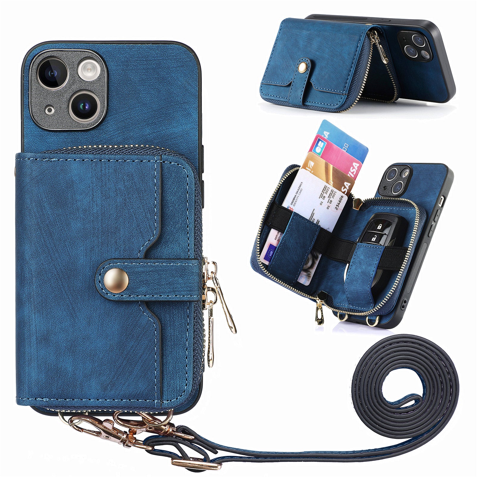 Zipper Wallet Phone Cover for iPhone 15 Plus , Leather Coated PC+TPU Kickstand Case with Lanyard - Dark Blue