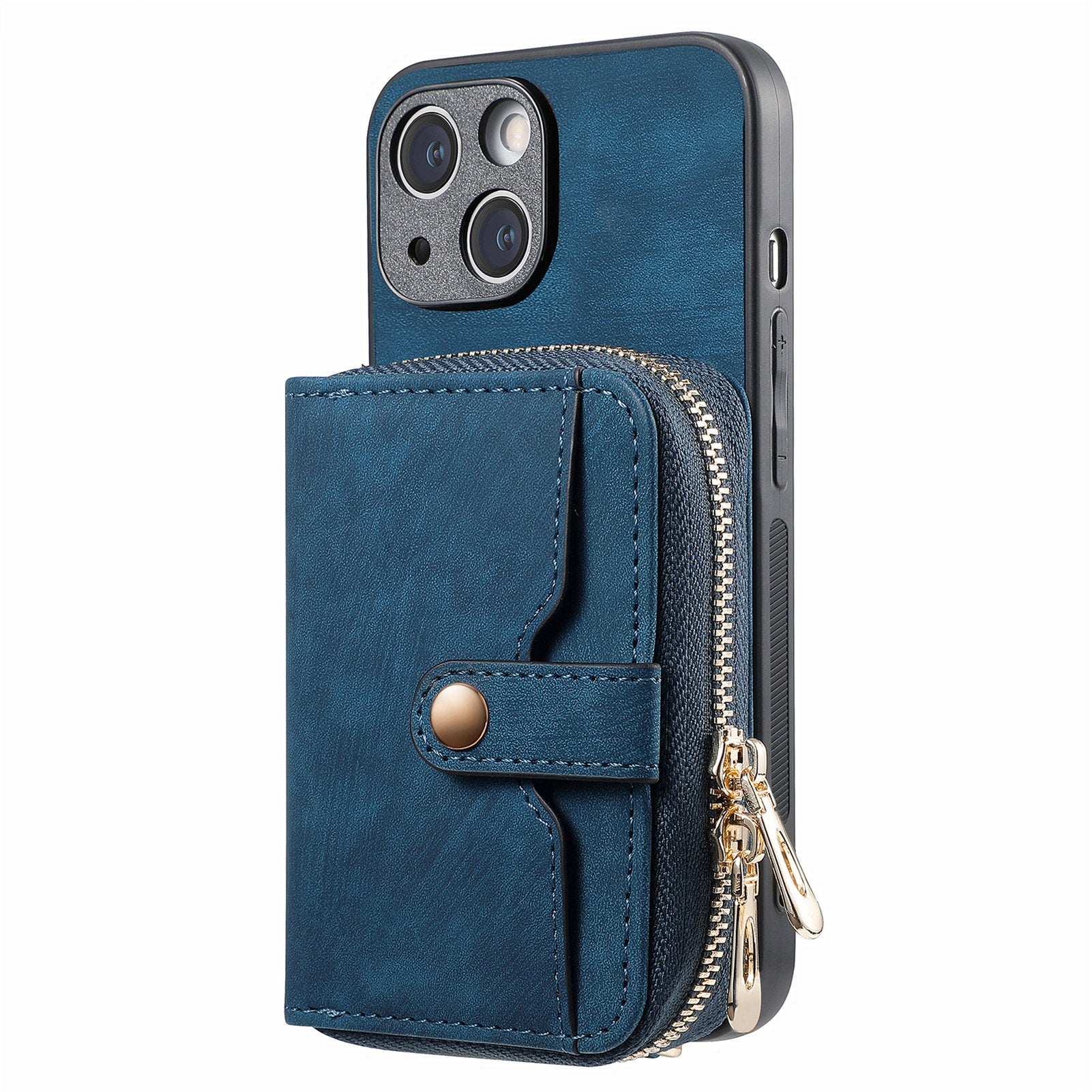 Zipper Wallet Phone Cover for iPhone 15 Plus , Leather Coated PC+TPU Kickstand Case with Lanyard - Dark Blue