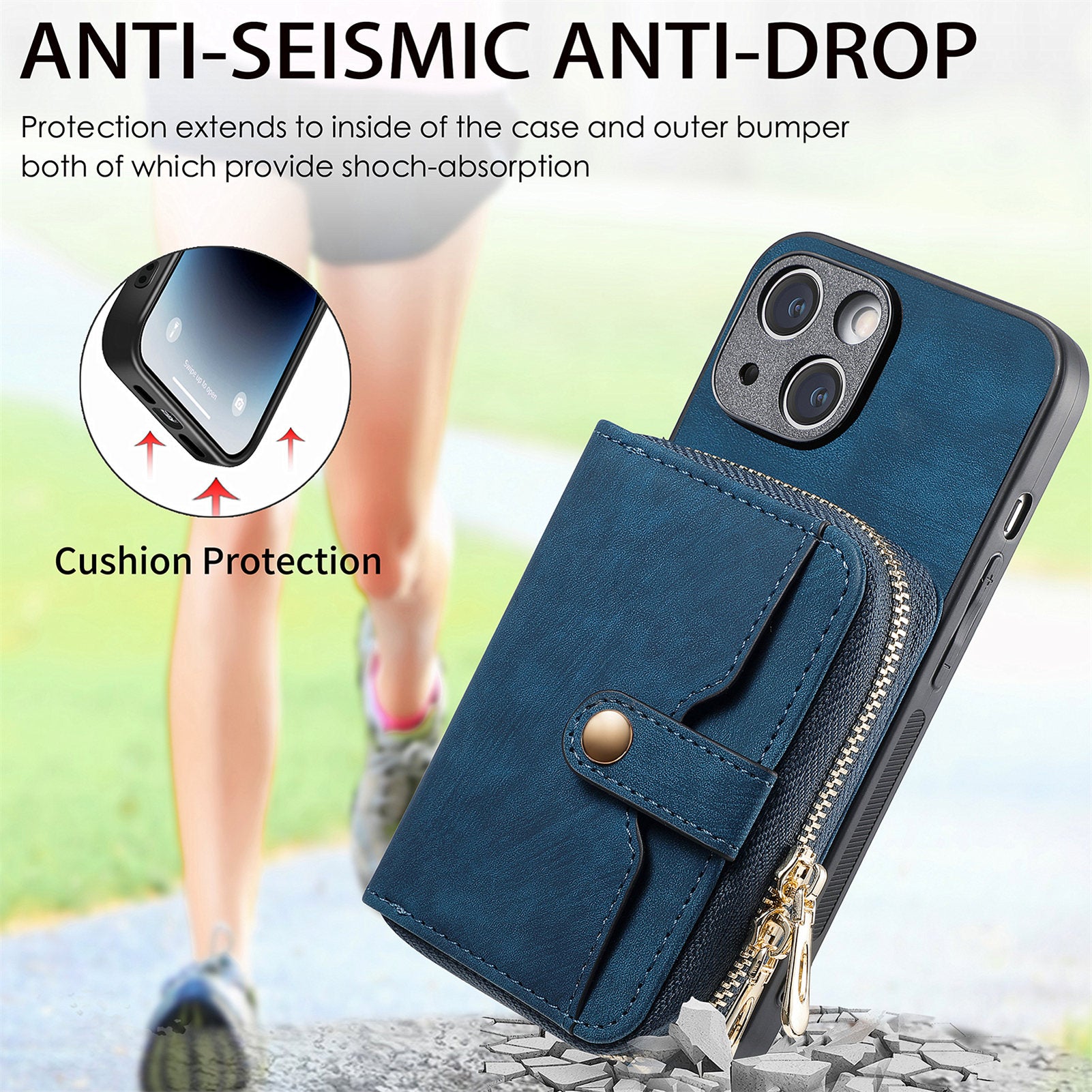 Zipper Wallet Phone Cover for iPhone 15 Plus , Leather Coated PC+TPU Kickstand Case with Lanyard - Dark Blue