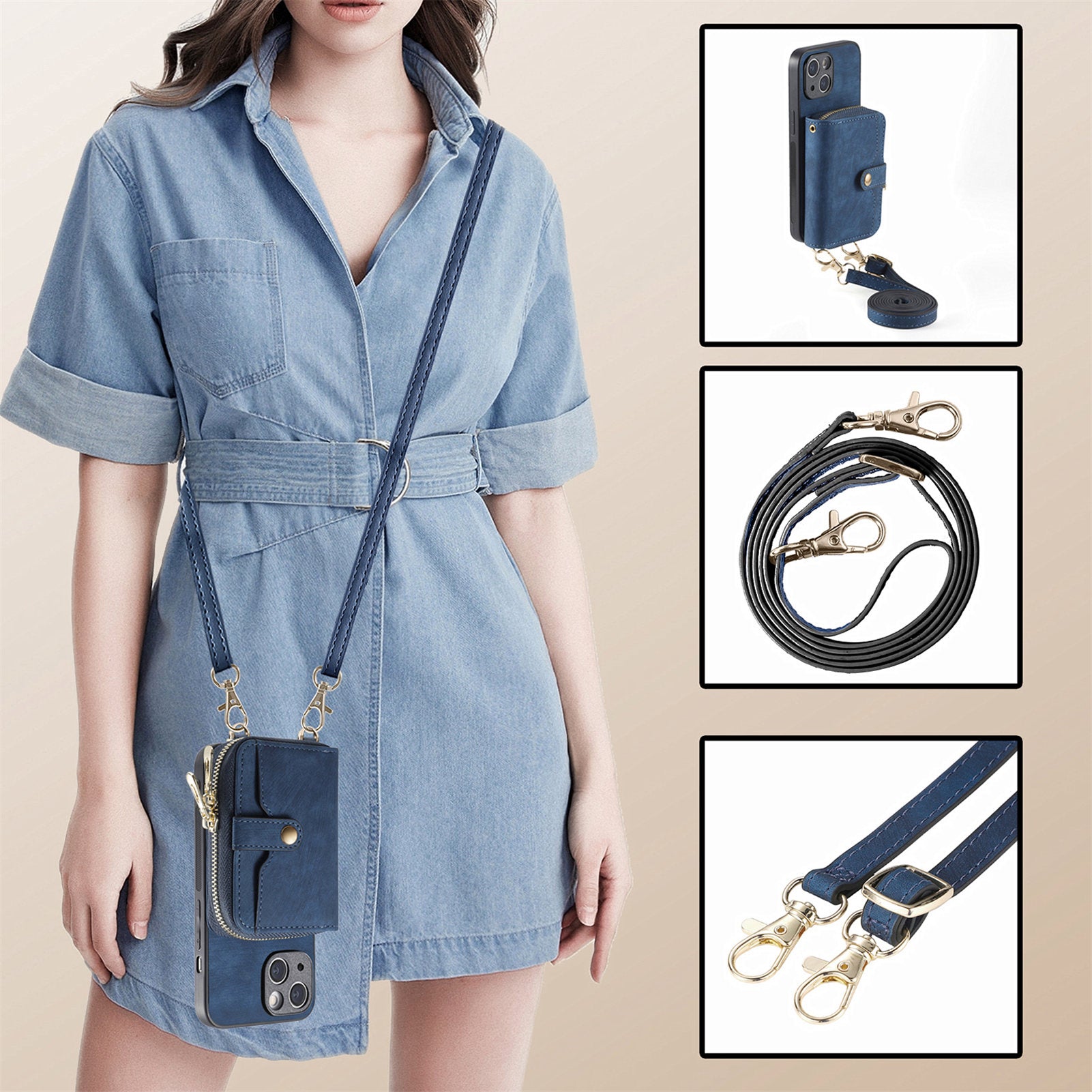Zipper Wallet Phone Cover for iPhone 15 Plus , Leather Coated PC+TPU Kickstand Case with Lanyard - Dark Blue