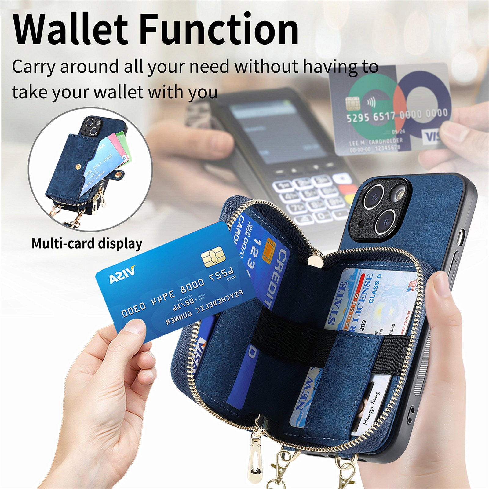 Zipper Wallet Phone Cover for iPhone 15 Plus , Leather Coated PC+TPU Kickstand Case with Lanyard - Dark Blue