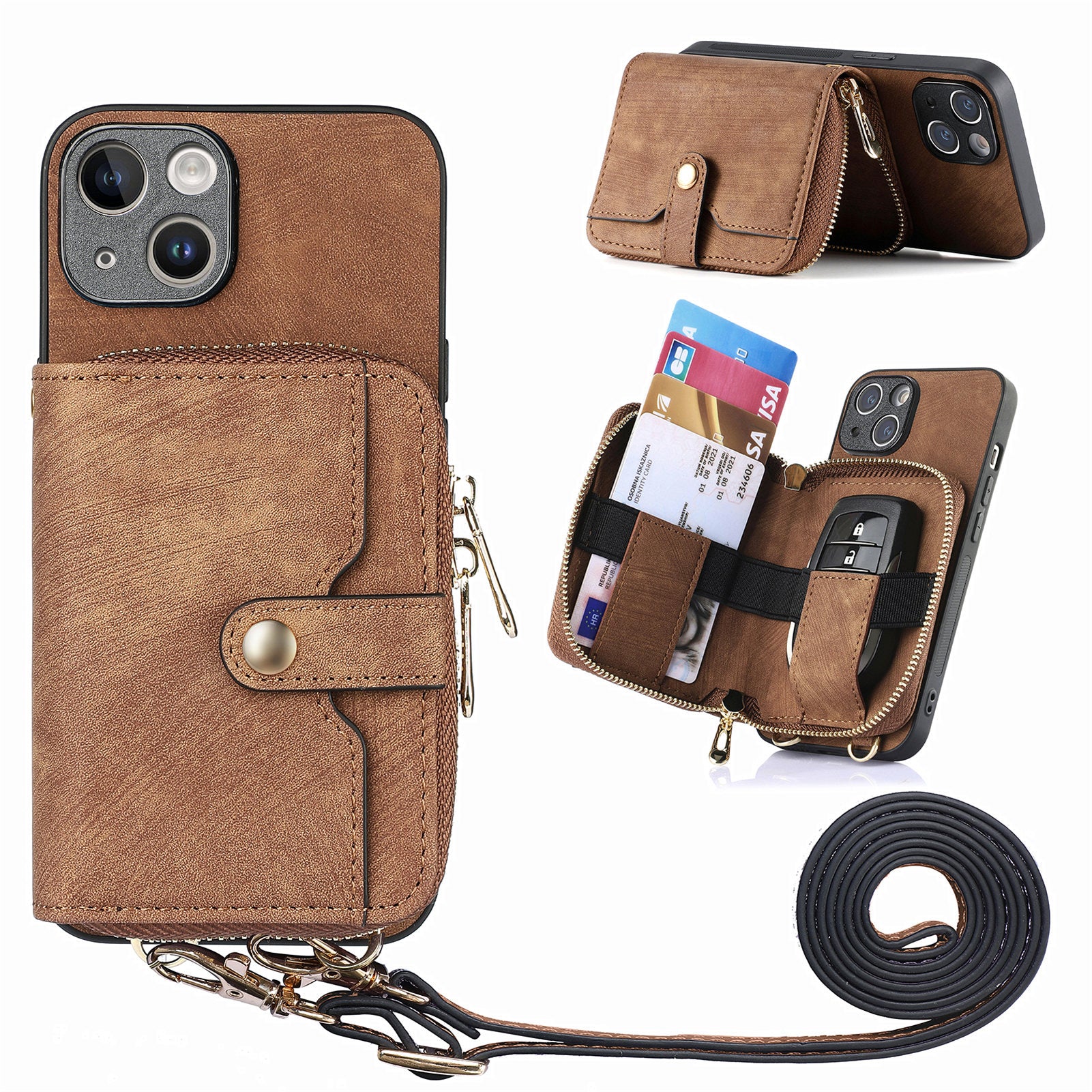 Zipper Wallet Phone Cover for iPhone 15 Plus , Leather Coated PC+TPU Kickstand Case with Lanyard - Brown