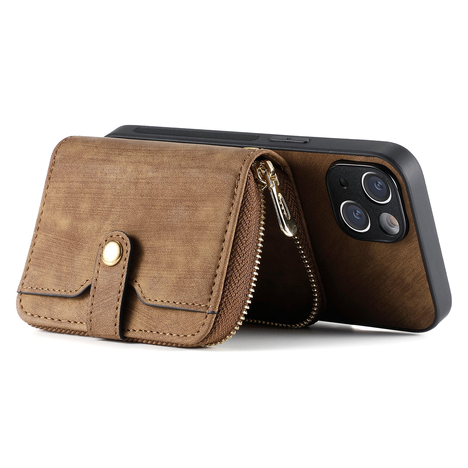 Zipper Wallet Phone Cover for iPhone 15 Plus , Leather Coated PC+TPU Kickstand Case with Lanyard - Brown