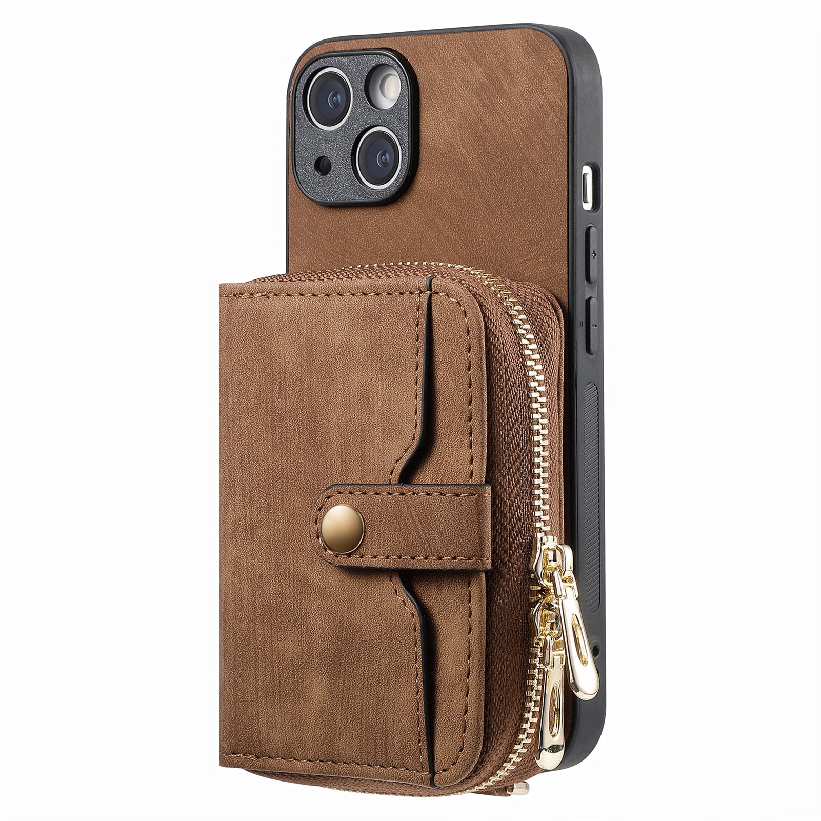 Zipper Wallet Phone Cover for iPhone 15 Plus , Leather Coated PC+TPU Kickstand Case with Lanyard - Brown