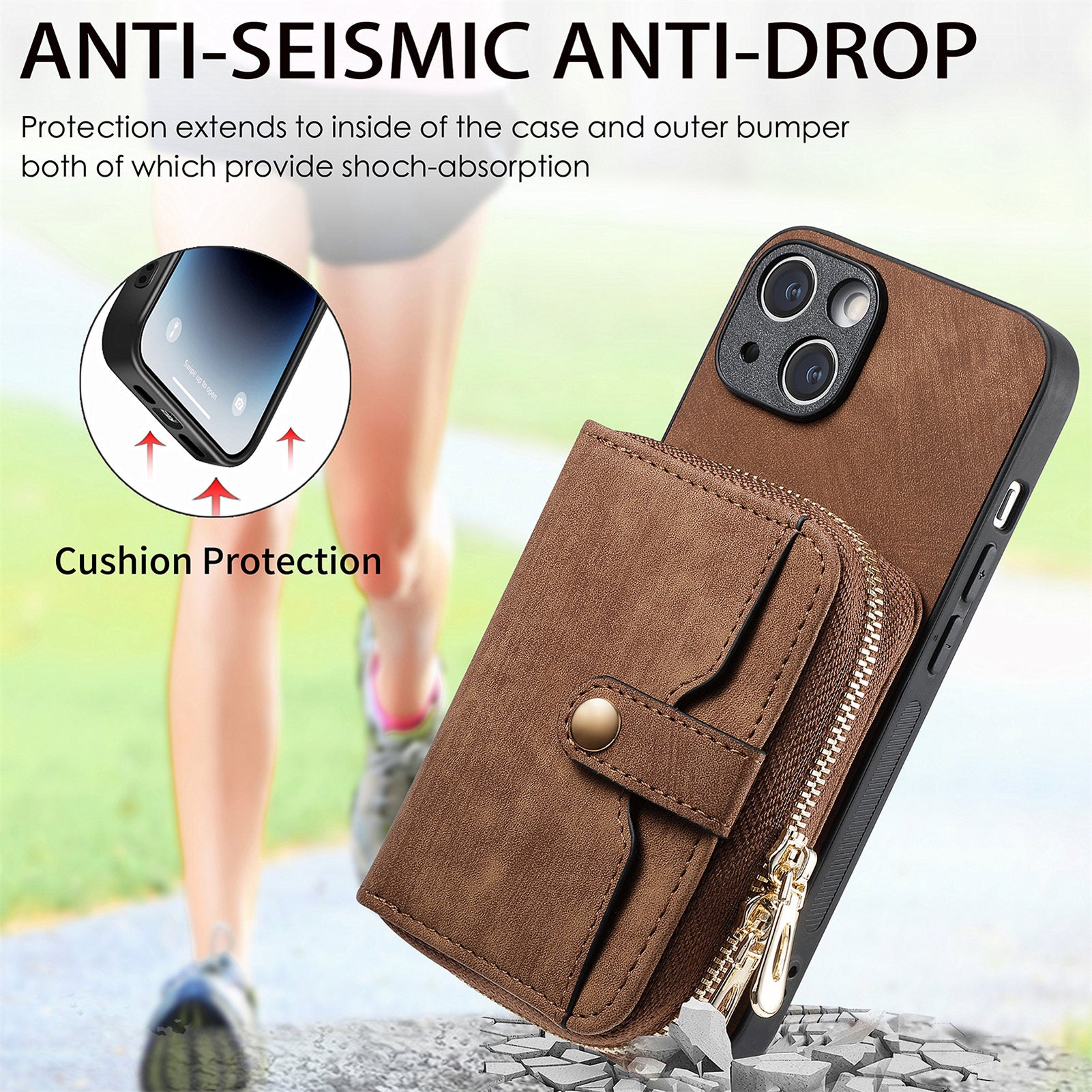 Zipper Wallet Phone Cover for iPhone 15 Plus , Leather Coated PC+TPU Kickstand Case with Lanyard - Brown