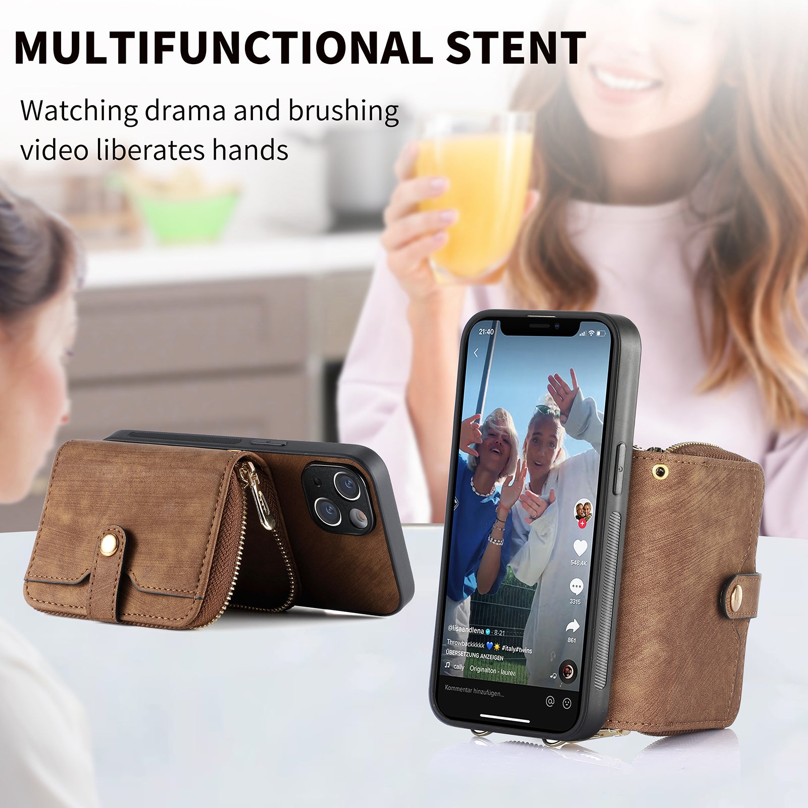 Zipper Wallet Phone Cover for iPhone 15 Plus , Leather Coated PC+TPU Kickstand Case with Lanyard - Brown