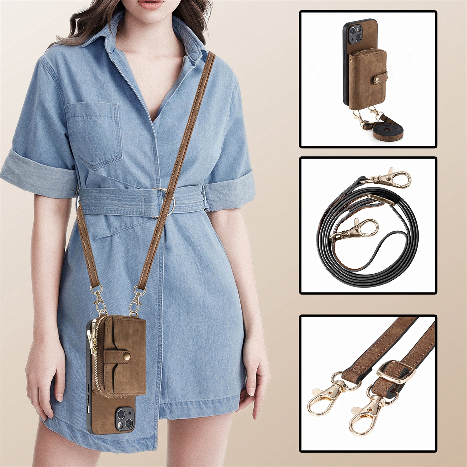 Zipper Wallet Phone Cover for iPhone 15 Plus , Leather Coated PC+TPU Kickstand Case with Lanyard - Brown