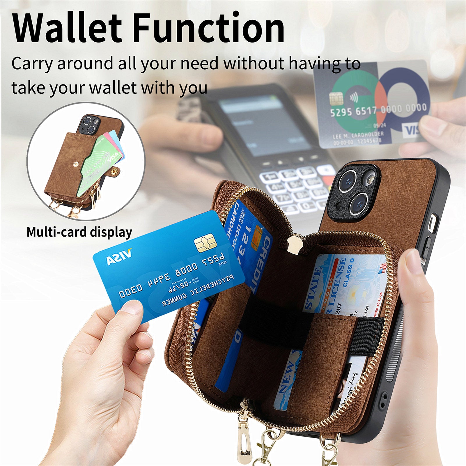 Zipper Wallet Phone Cover for iPhone 15 Plus , Leather Coated PC+TPU Kickstand Case with Lanyard - Brown