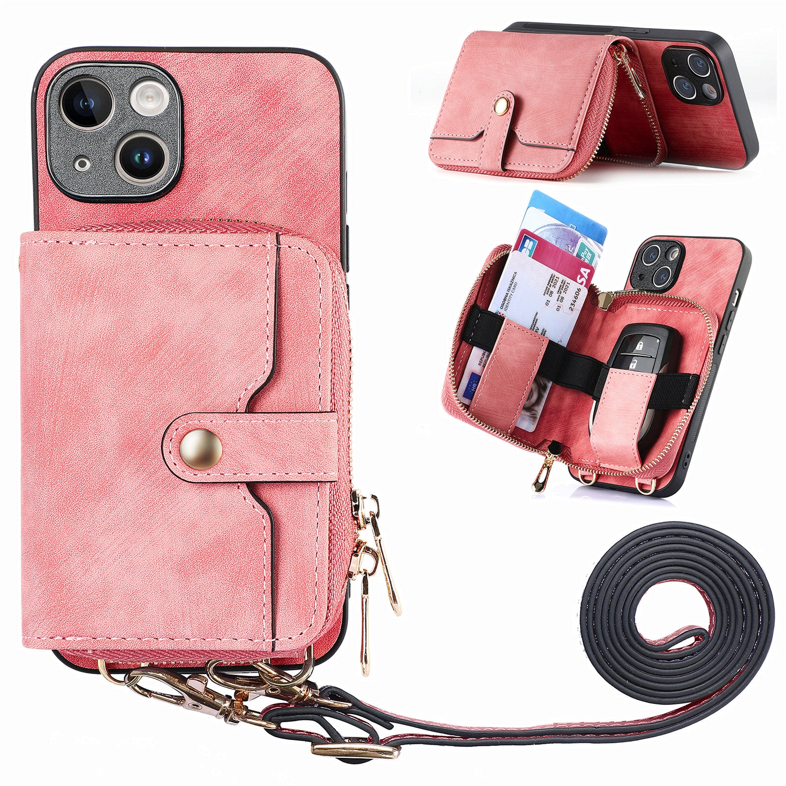 Zipper Wallet Phone Cover for iPhone 15 Plus , Leather Coated PC+TPU Kickstand Case with Lanyard - Rose Pink