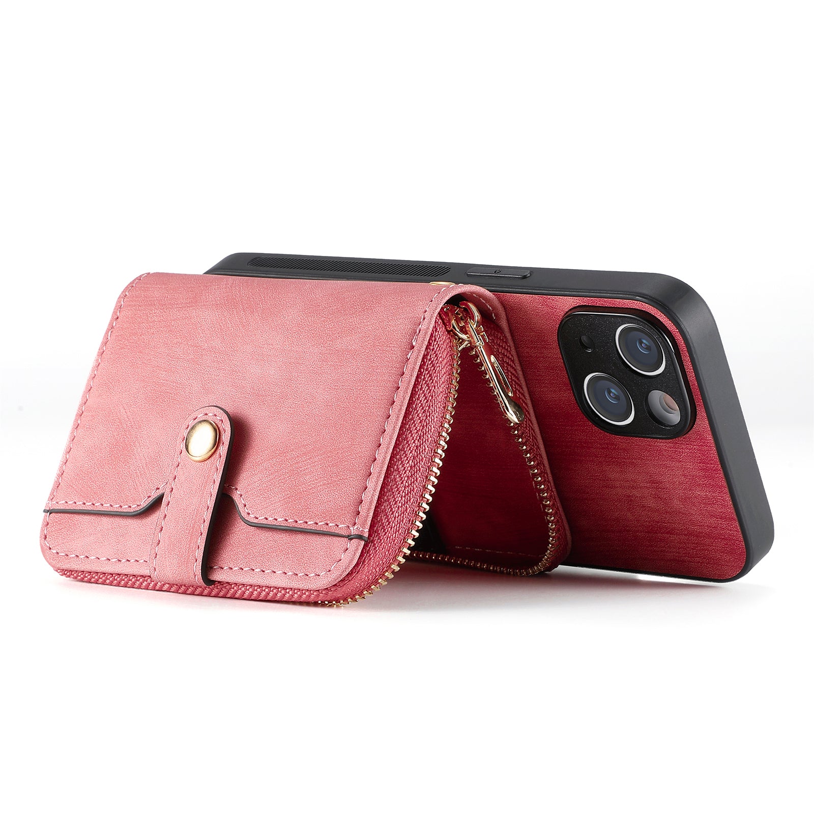 Zipper Wallet Phone Cover for iPhone 15 Plus , Leather Coated PC+TPU Kickstand Case with Lanyard - Rose Pink