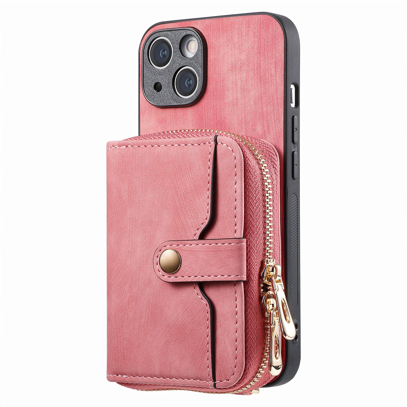 Zipper Wallet Phone Cover for iPhone 15 Plus , Leather Coated PC+TPU Kickstand Case with Lanyard - Rose Pink