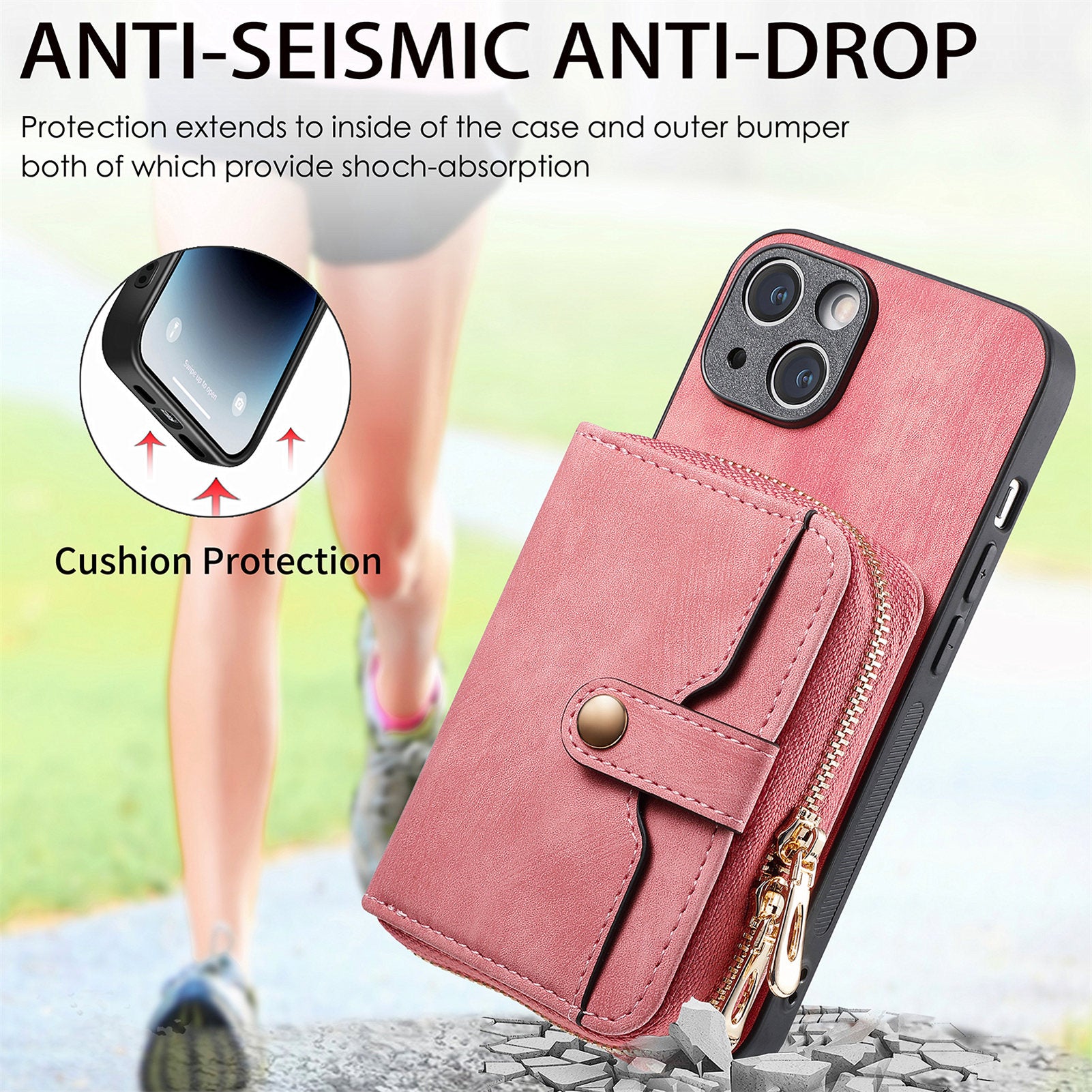 Zipper Wallet Phone Cover for iPhone 15 Plus , Leather Coated PC+TPU Kickstand Case with Lanyard - Rose Pink