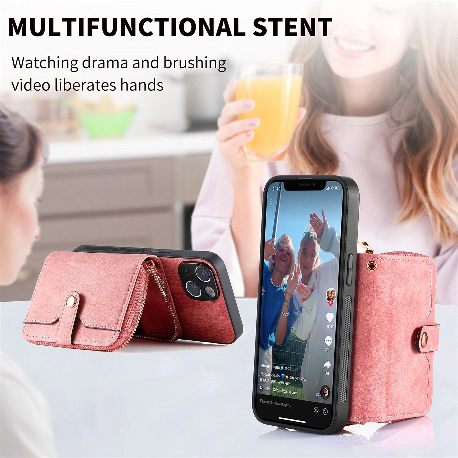 Zipper Wallet Phone Cover for iPhone 15 Plus , Leather Coated PC+TPU Kickstand Case with Lanyard - Rose Pink