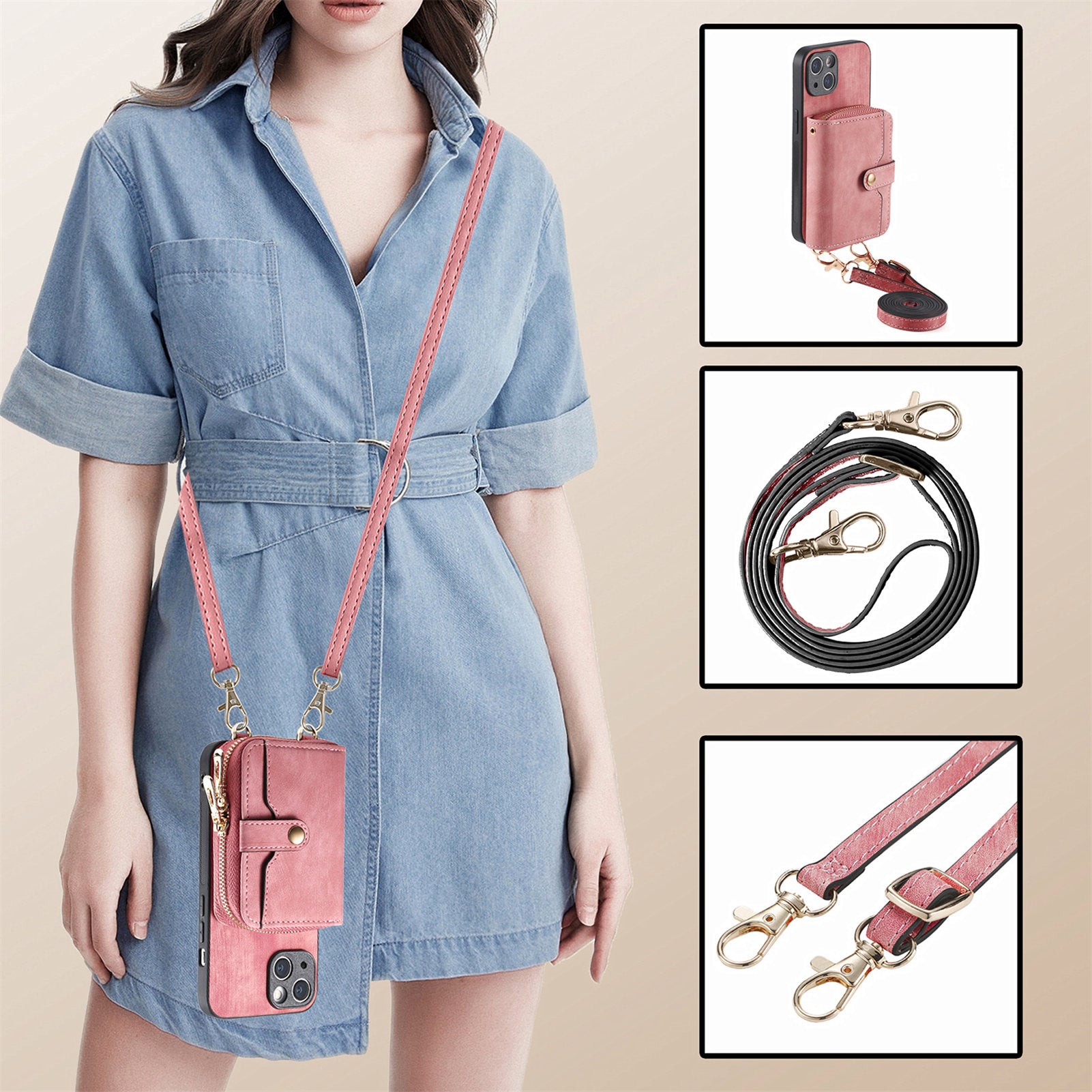 Zipper Wallet Phone Cover for iPhone 15 Plus , Leather Coated PC+TPU Kickstand Case with Lanyard - Rose Pink