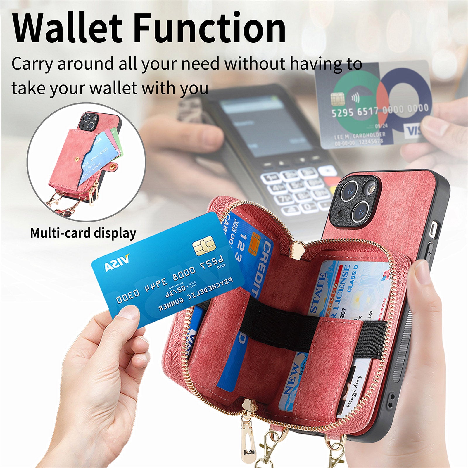 Zipper Wallet Phone Cover for iPhone 15 Plus , Leather Coated PC+TPU Kickstand Case with Lanyard - Rose Pink