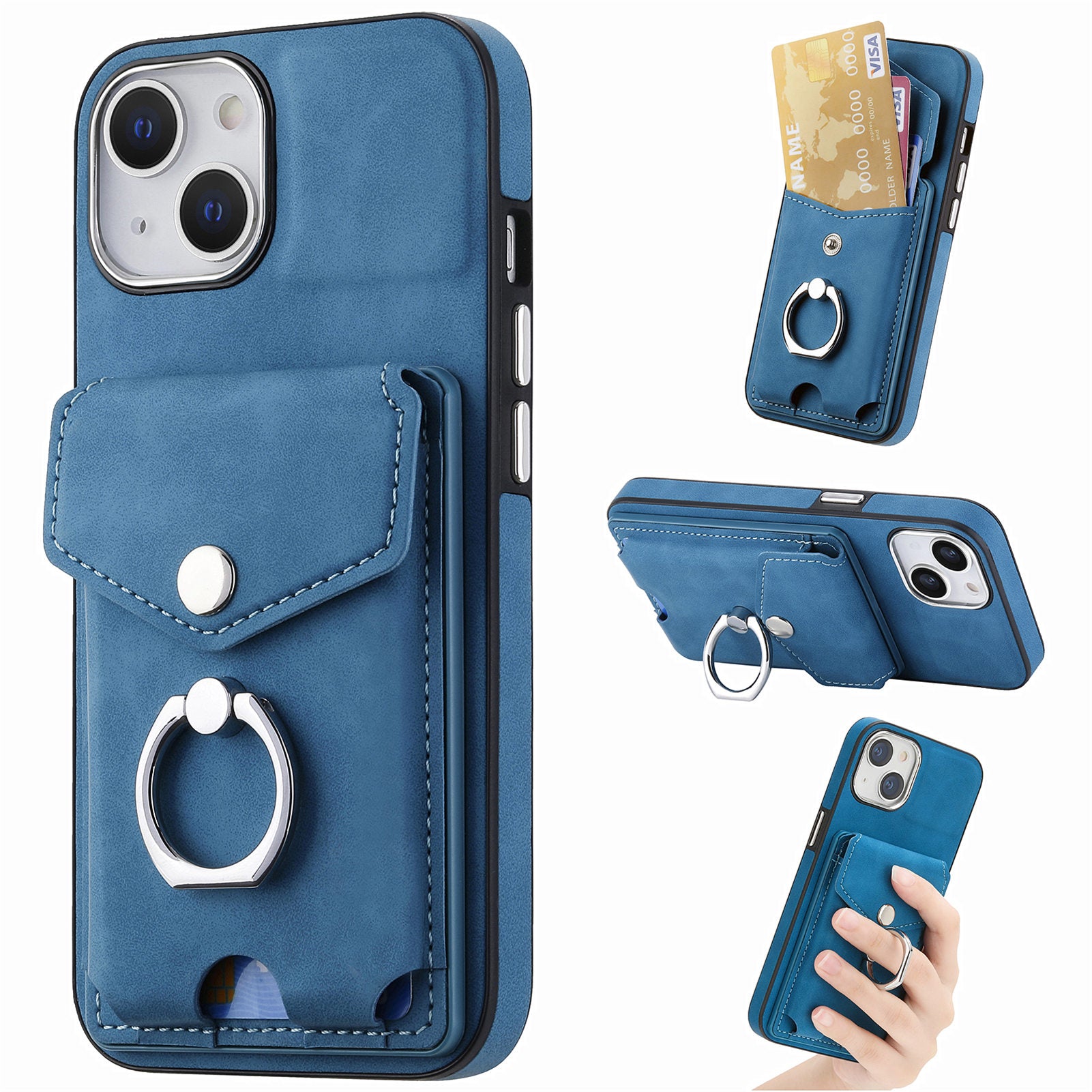 Anti-drop Cover for iPhone 15 Plus , Electroplating Camera Frame Card Bag PU Leather+PC+TPU Phone Case with Kickstand - Dark Blue