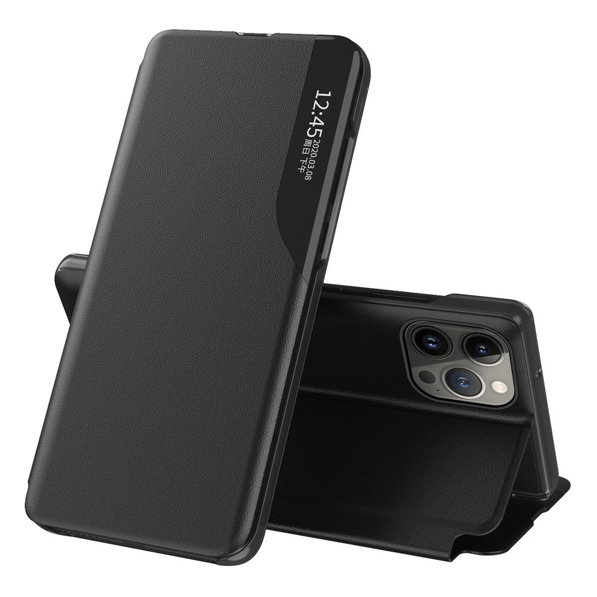 Uniqkart for iPhone 15 Pro Max View Window Flip Stand PU Leather Phone Case Shockproof Phone Cover - Black