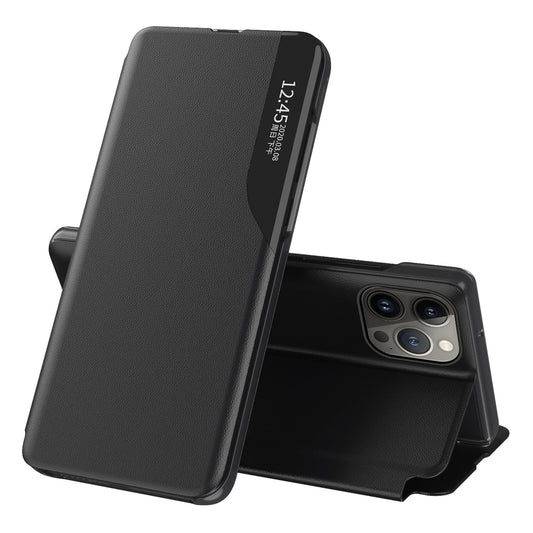 Uniqkart for iPhone 15 Pro Max View Window Flip Stand PU Leather Phone Case Shockproof Phone Cover - Black