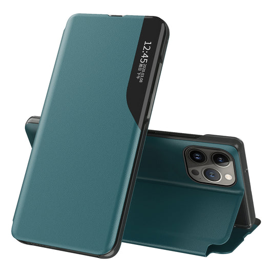 Uniqkart for iPhone 15 Pro Max View Window Flip Stand PU Leather Phone Case Shockproof Phone Cover - Green
