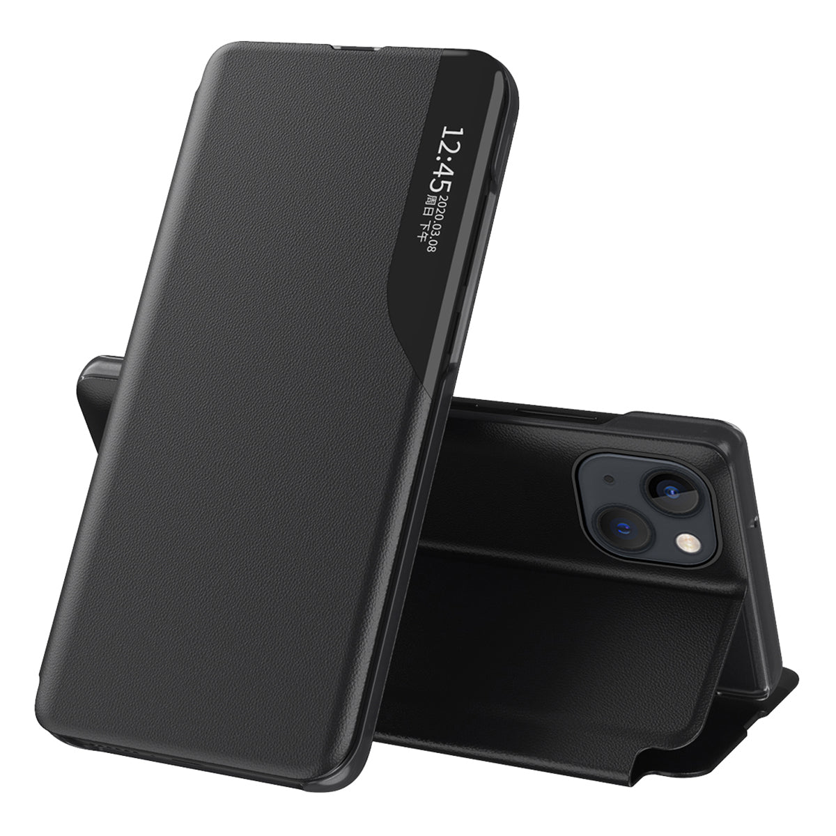 Uniqkart for iPhone 15 View Window PU Leather Phone Case Anti-scratch Flip Stand Phone Cover - Black