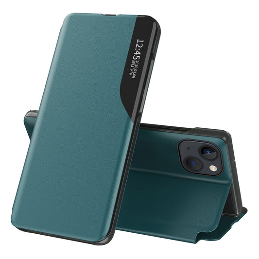 Uniqkart for iPhone 15 View Window PU Leather Phone Case Anti-scratch Flip Stand Phone Cover - Green
