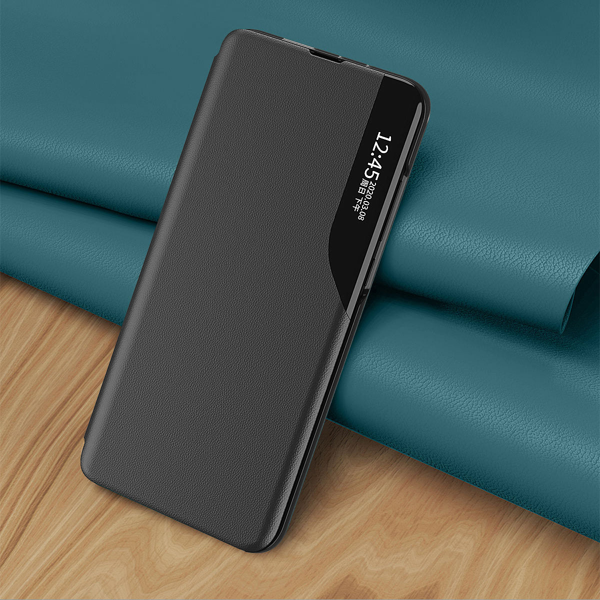 Uniqkart for iPhone 15 View Window PU Leather Phone Case Anti-scratch Flip Stand Phone Cover - Green