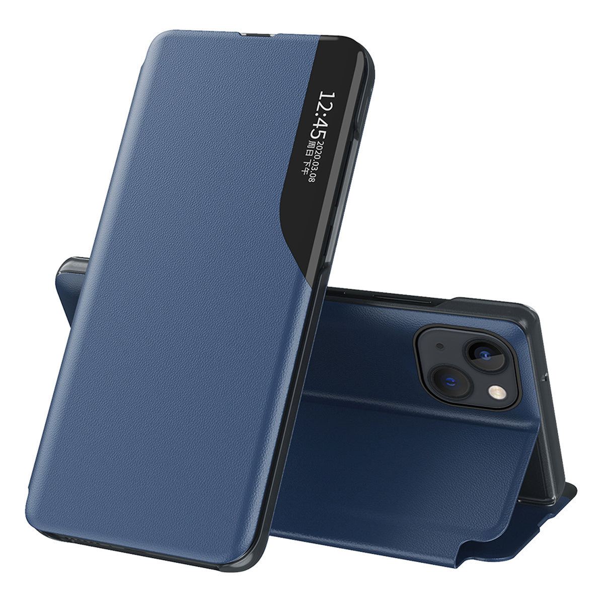 Uniqkart for iPhone 15 View Window PU Leather Phone Case Anti-scratch Flip Stand Phone Cover - Blue