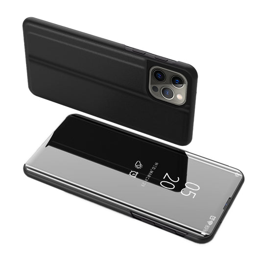Uniqkart for iPhone 15 Pro Max View Window Electroplated Phone Case Mirror Surface Leather Stand Cover - Black