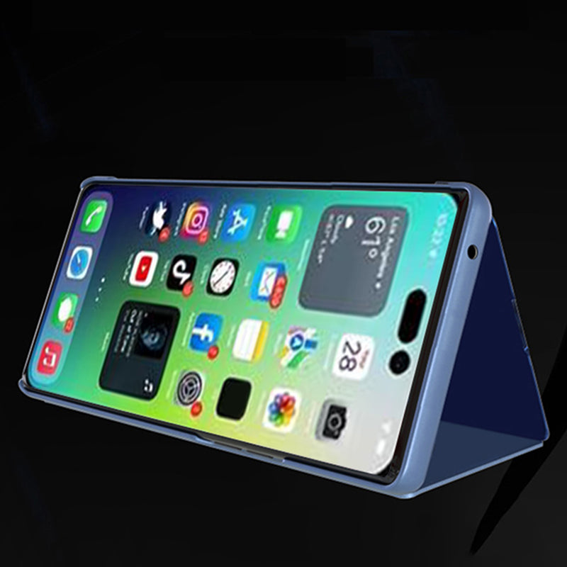 Uniqkart for iPhone 15 Pro Max View Window Electroplated Phone Case Mirror Surface Leather Stand Cover - Black