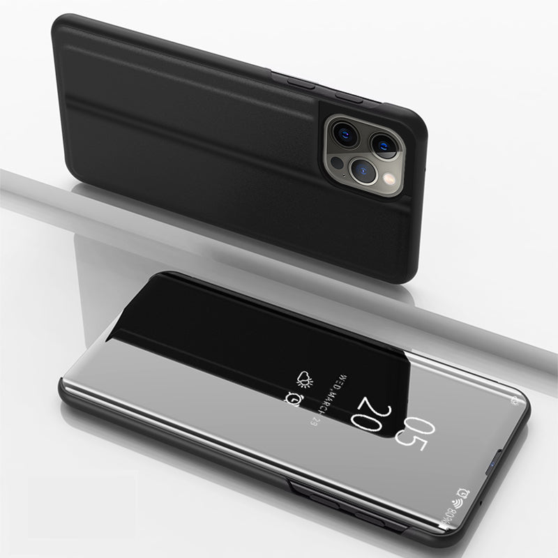 Uniqkart for iPhone 15 Pro Max View Window Electroplated Phone Case Mirror Surface Leather Stand Cover - Black