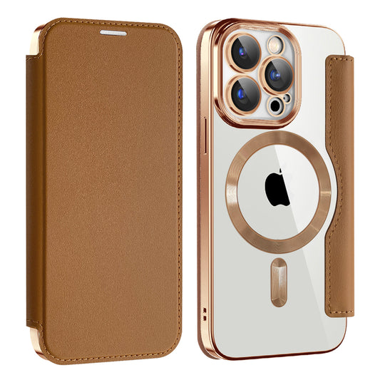 Uniqkart for iPhone 15 Pro Max Card Holder Phone Case RFID Blocking Electroplating Leather Cover Compatible with MagSafe - Brown