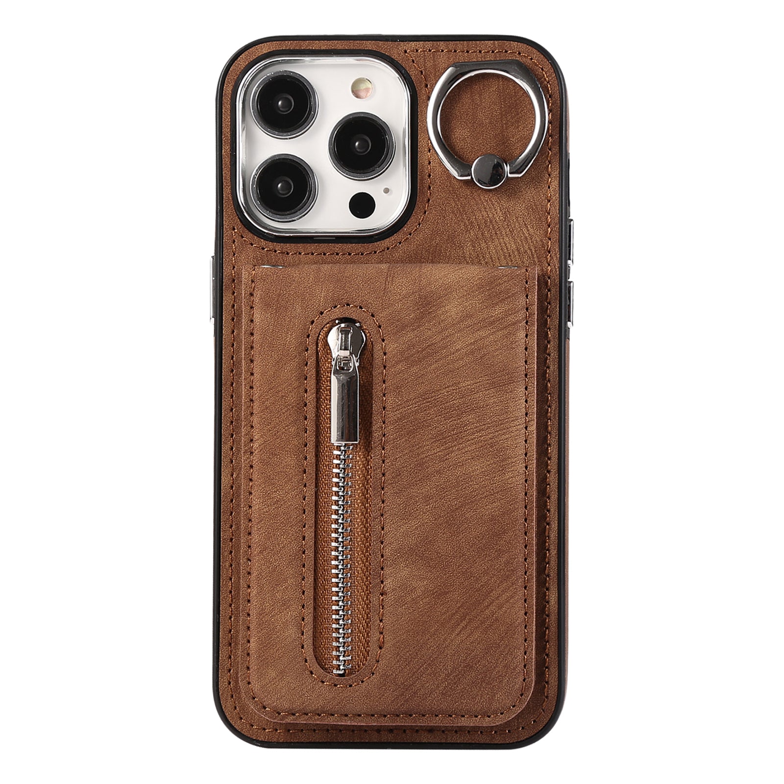 Zipper Pocket Leather+TPU Case for iPhone 15 , Kickstand Phone Cover with Hand Strap and Shoulder Strap - Brown