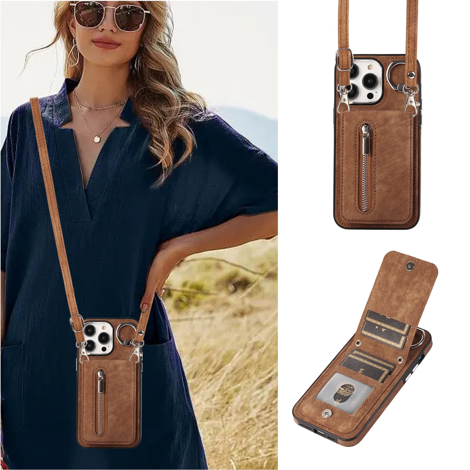 Zipper Pocket Leather+TPU Case for iPhone 15 , Kickstand Phone Cover with Hand Strap and Shoulder Strap - Brown