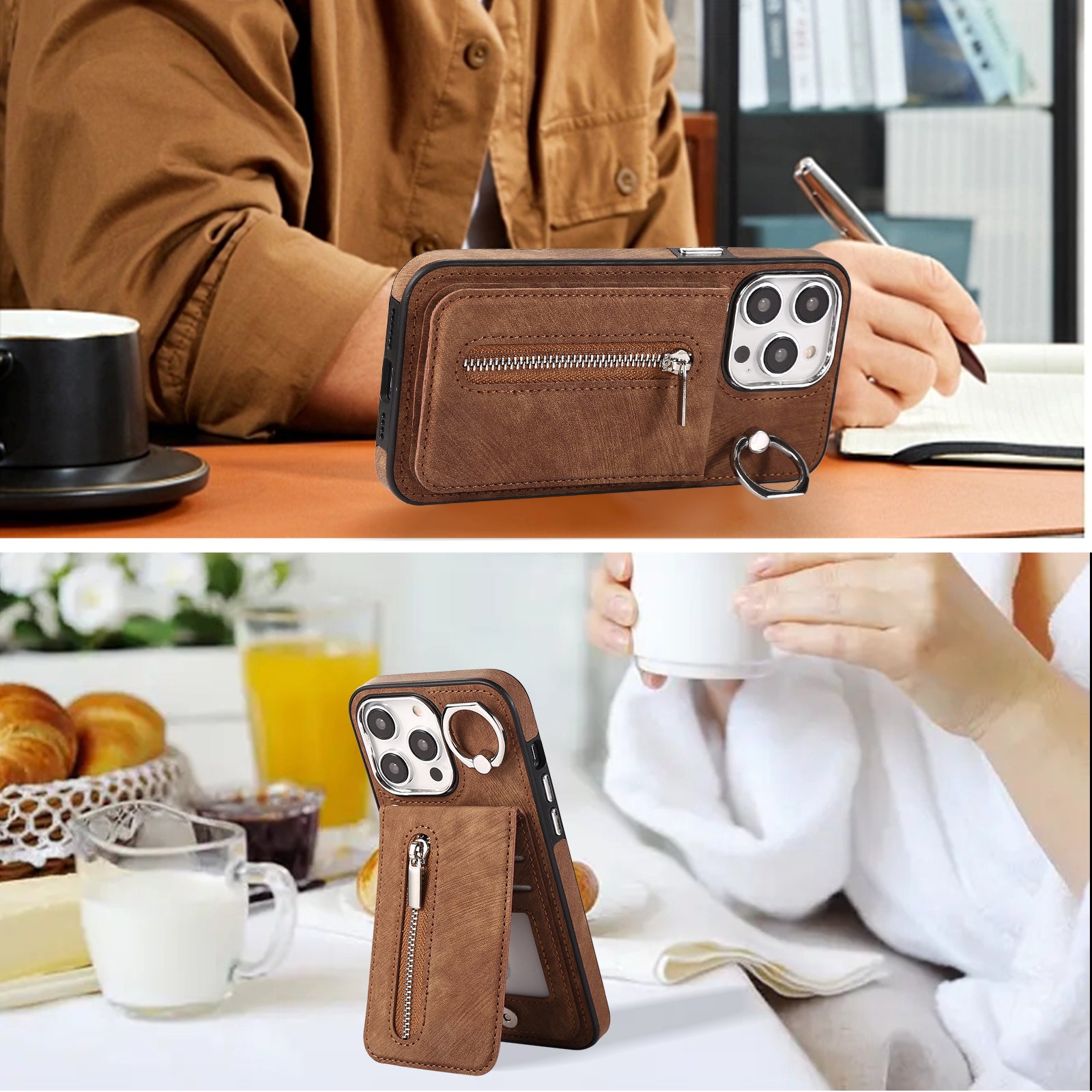 Zipper Pocket Leather+TPU Case for iPhone 15 , Kickstand Phone Cover with Hand Strap and Shoulder Strap - Brown
