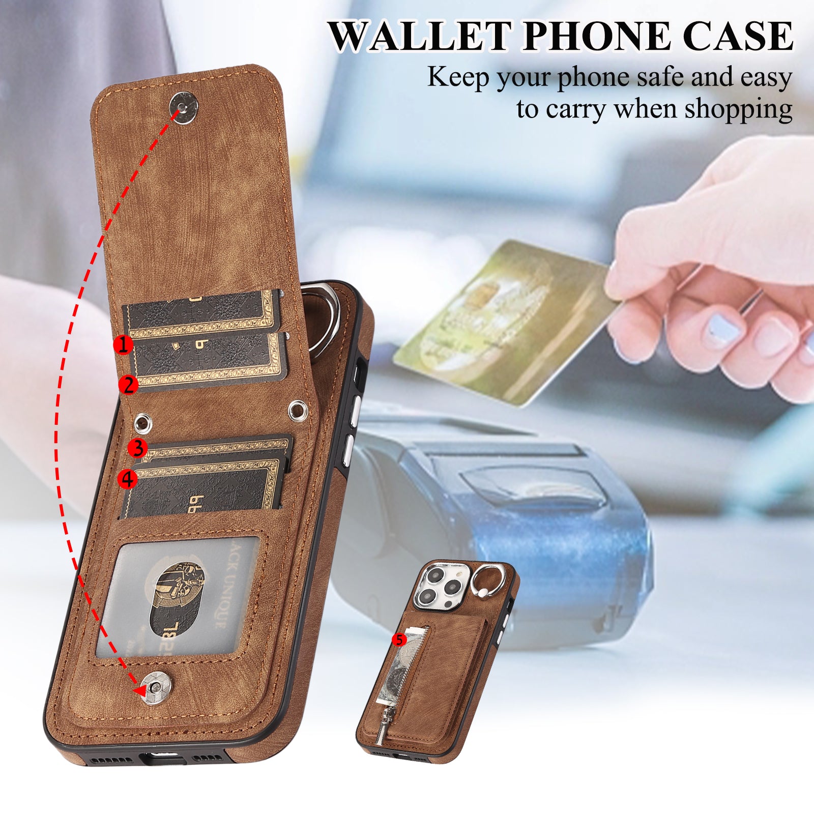 Zipper Pocket Leather+TPU Case for iPhone 15 , Kickstand Phone Cover with Hand Strap and Shoulder Strap - Brown