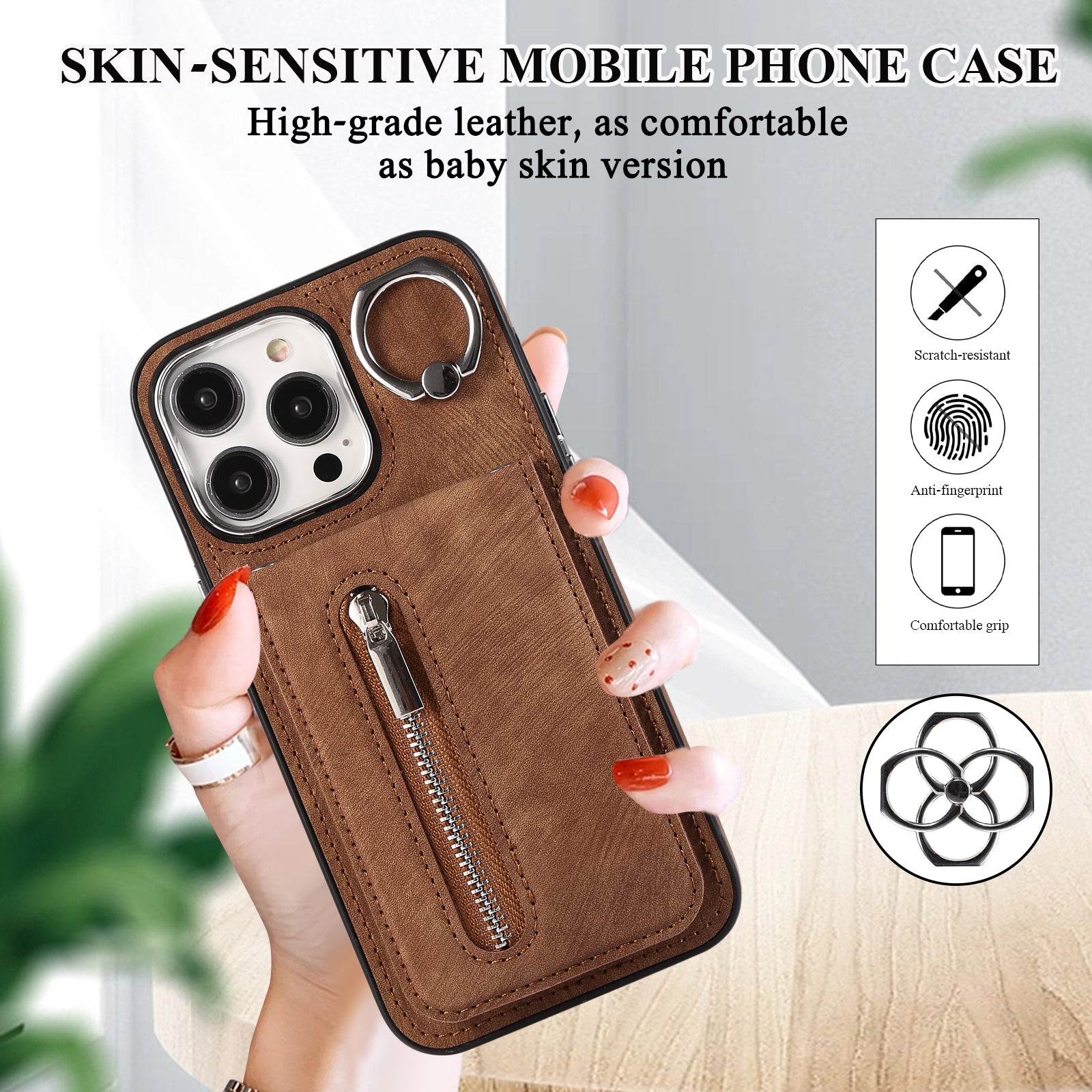 Zipper Pocket Leather+TPU Case for iPhone 15 , Kickstand Phone Cover with Hand Strap and Shoulder Strap - Brown