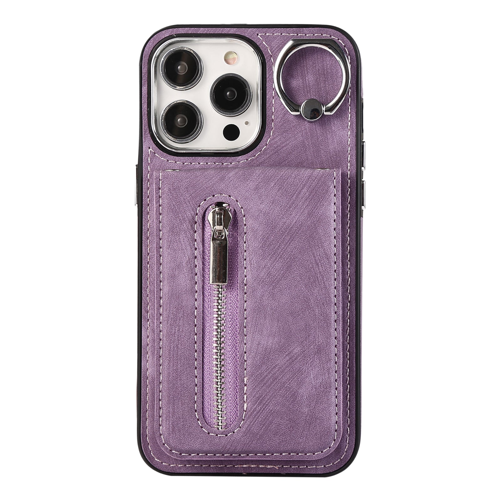 Zipper Pocket Leather+TPU Case for iPhone 15 , Kickstand Phone Cover with Hand Strap and Shoulder Strap - Purple