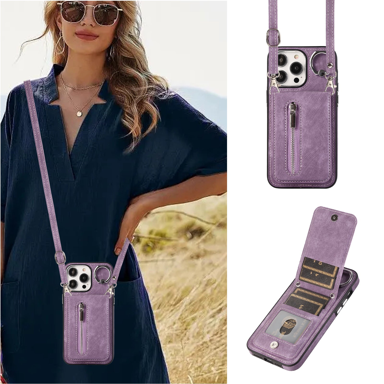 Zipper Pocket Leather+TPU Case for iPhone 15 , Kickstand Phone Cover with Hand Strap and Shoulder Strap - Purple