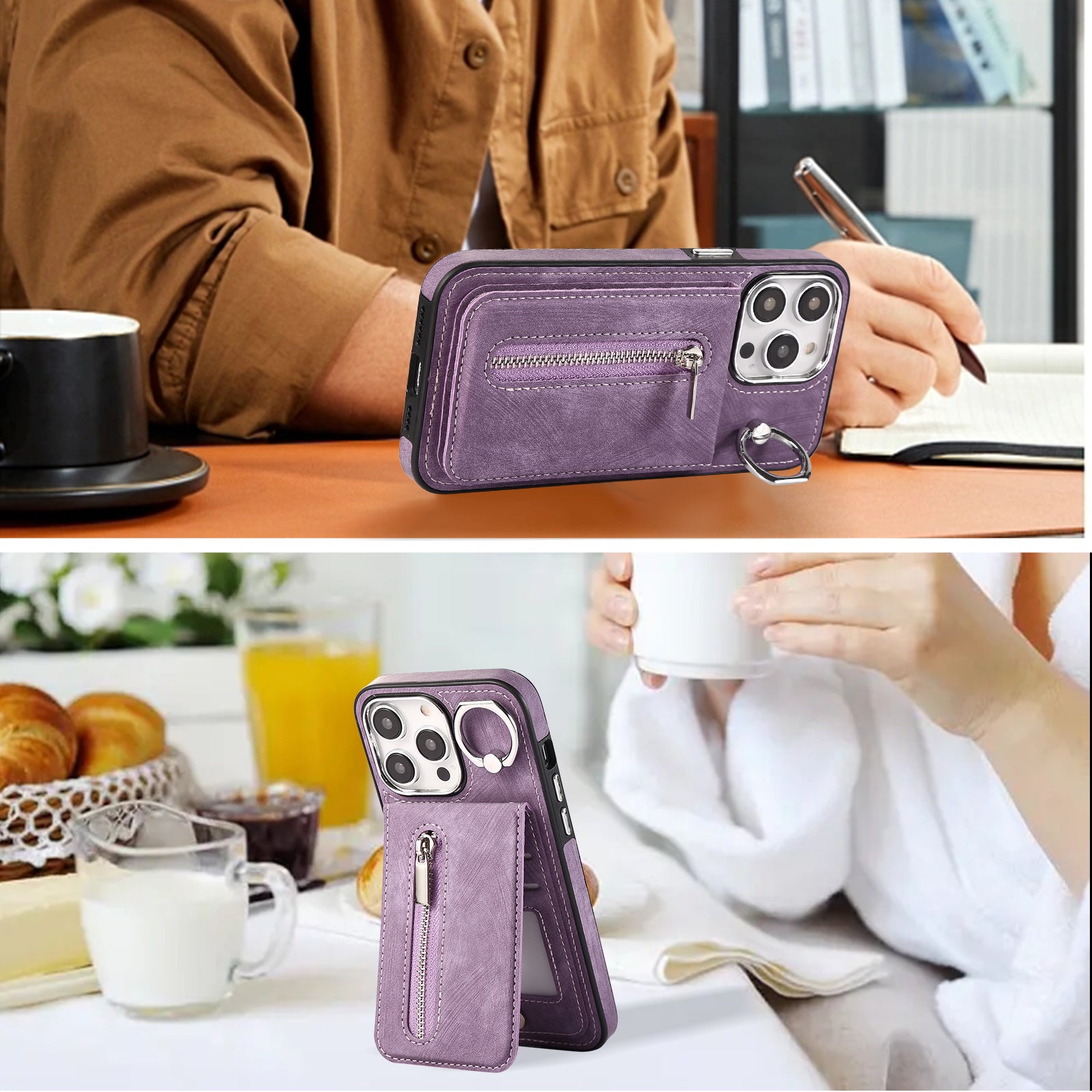 Zipper Pocket Leather+TPU Case for iPhone 15 , Kickstand Phone Cover with Hand Strap and Shoulder Strap - Purple