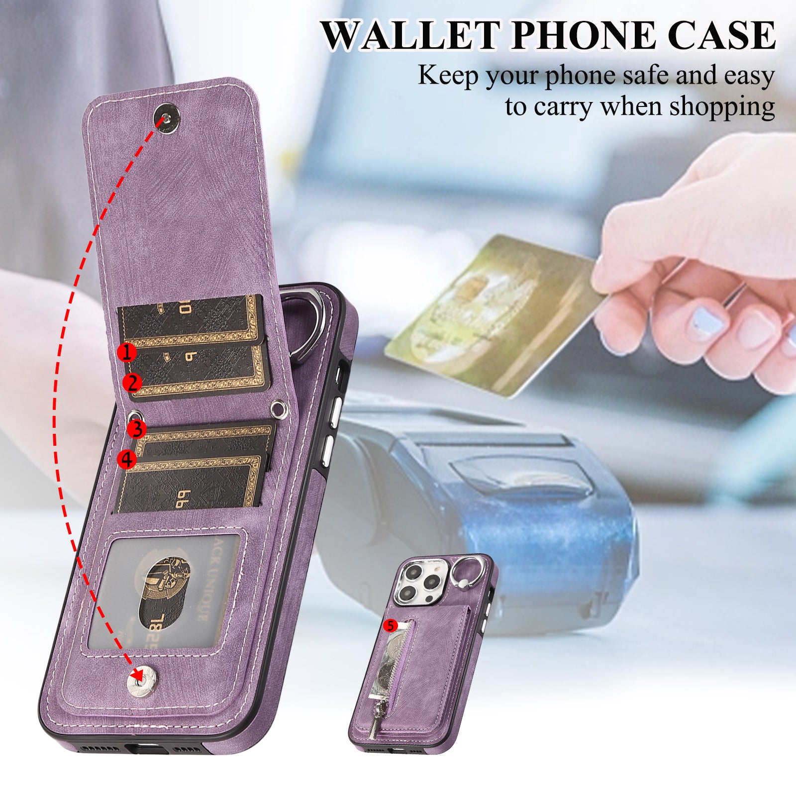Zipper Pocket Leather+TPU Case for iPhone 15 , Kickstand Phone Cover with Hand Strap and Shoulder Strap - Purple