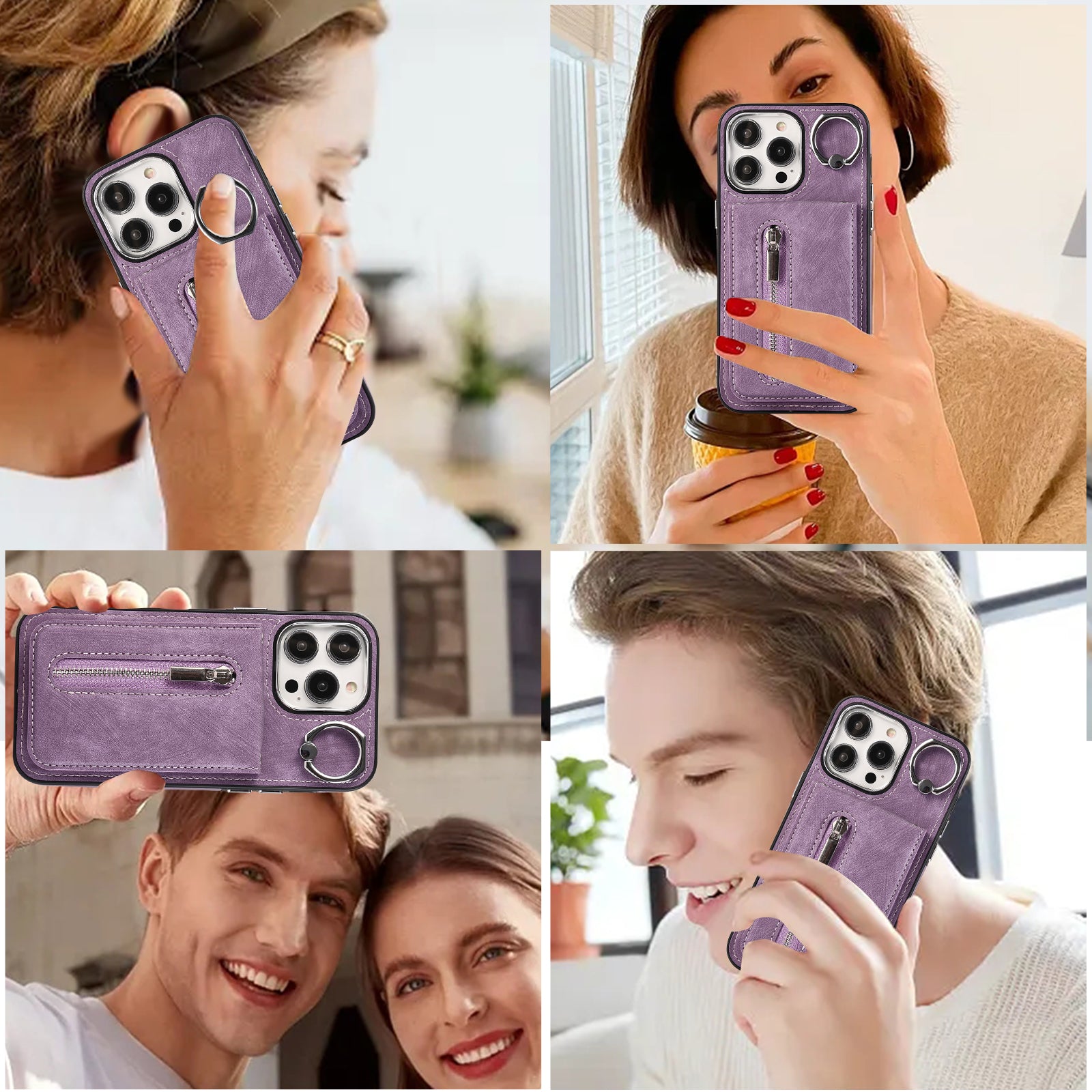 Zipper Pocket Leather+TPU Case for iPhone 15 , Kickstand Phone Cover with Hand Strap and Shoulder Strap - Purple
