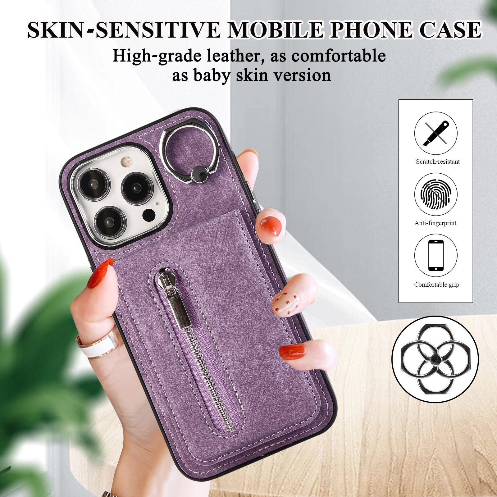 Zipper Pocket Leather+TPU Case for iPhone 15 , Kickstand Phone Cover with Hand Strap and Shoulder Strap - Purple