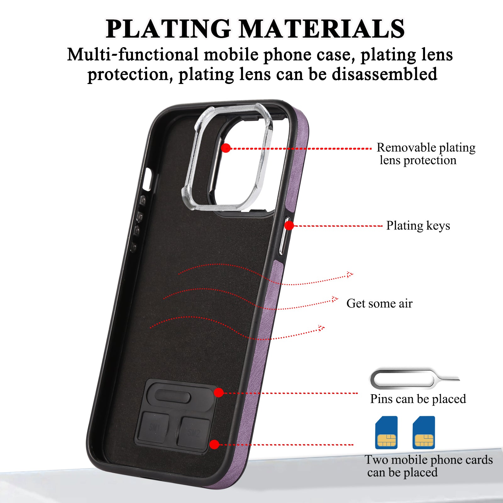 Zipper Pocket Leather+TPU Case for iPhone 15 , Kickstand Phone Cover with Hand Strap and Shoulder Strap - Purple
