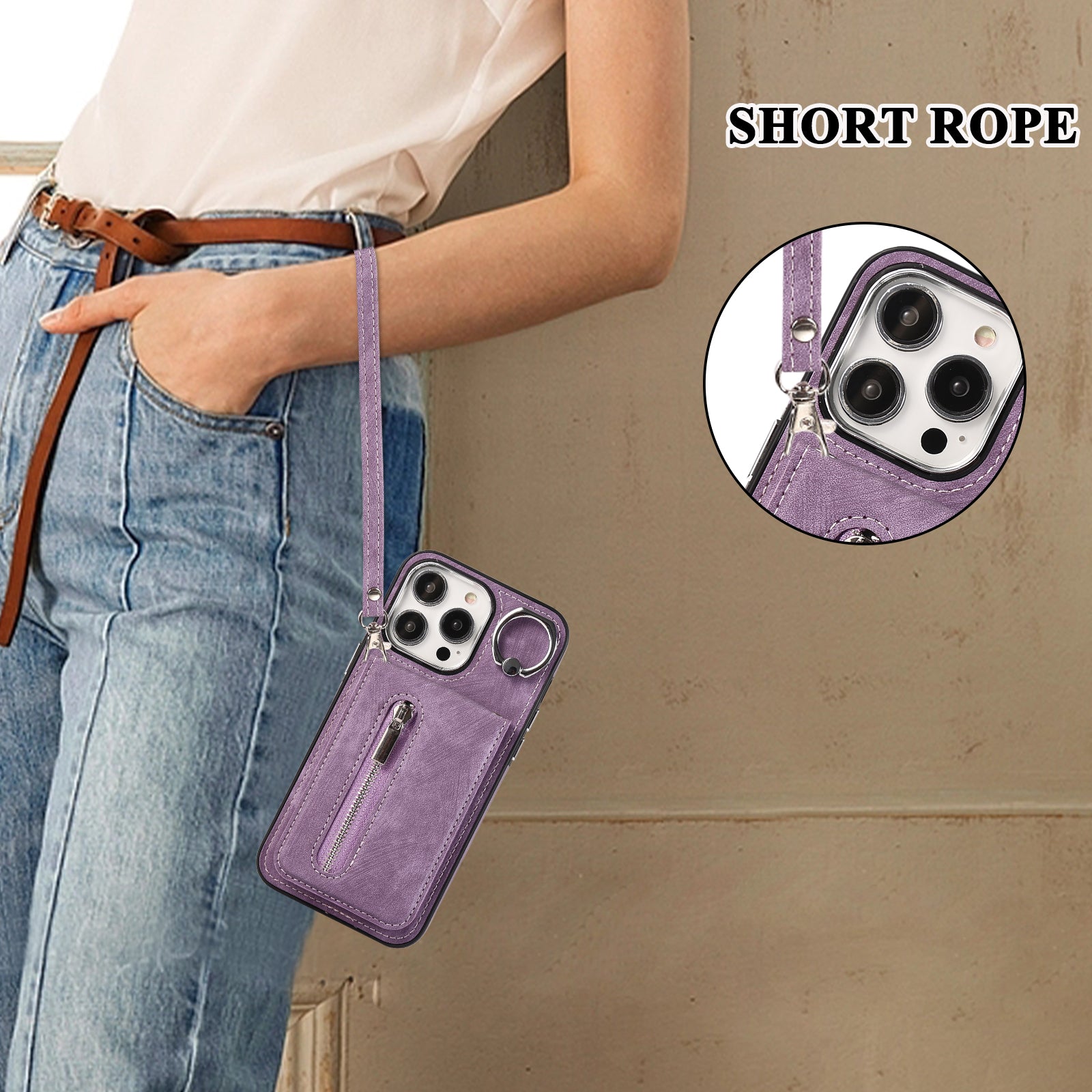 Zipper Pocket Leather+TPU Case for iPhone 15 , Kickstand Phone Cover with Hand Strap and Shoulder Strap - Purple