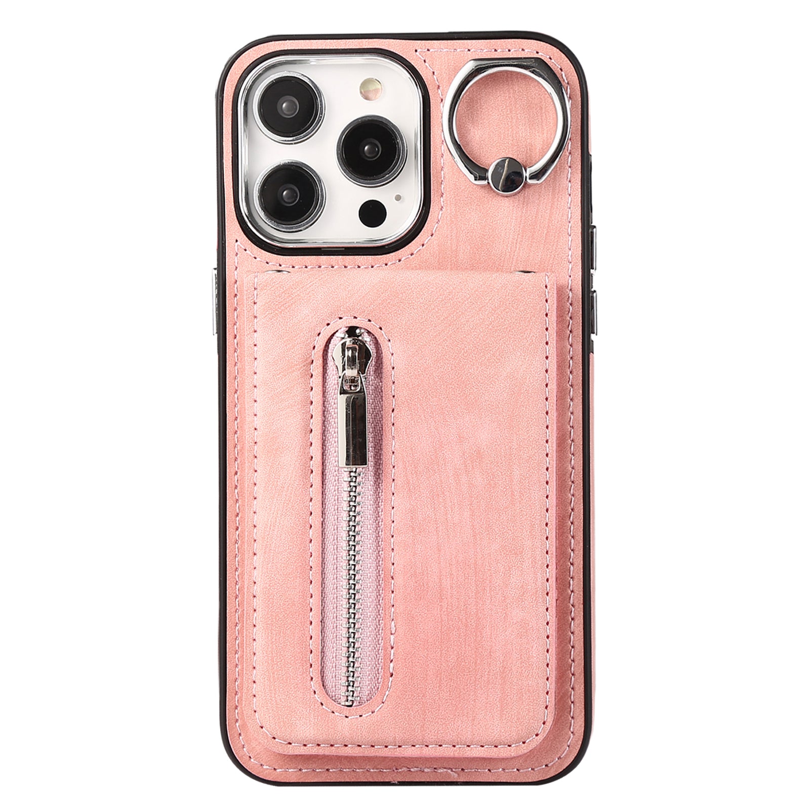 Zipper Pocket Leather+TPU Case for iPhone 15 , Kickstand Phone Cover with Hand Strap and Shoulder Strap - Pink