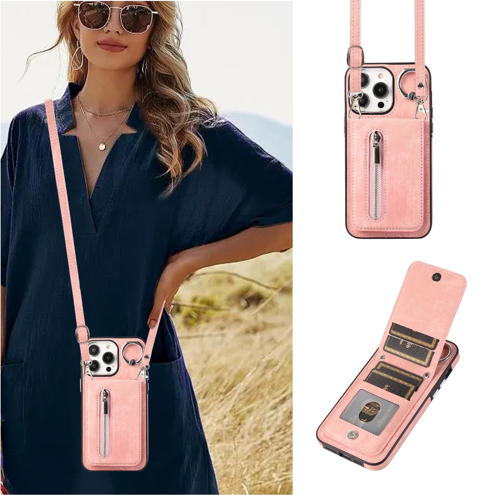 Zipper Pocket Leather+TPU Case for iPhone 15 , Kickstand Phone Cover with Hand Strap and Shoulder Strap - Pink