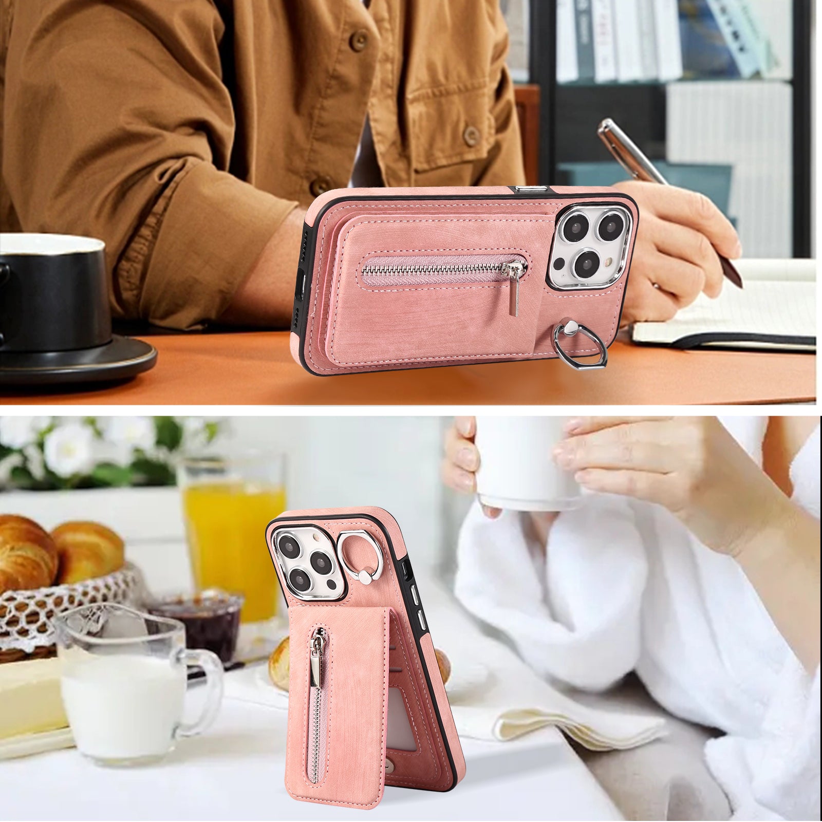 Zipper Pocket Leather+TPU Case for iPhone 15 , Kickstand Phone Cover with Hand Strap and Shoulder Strap - Pink
