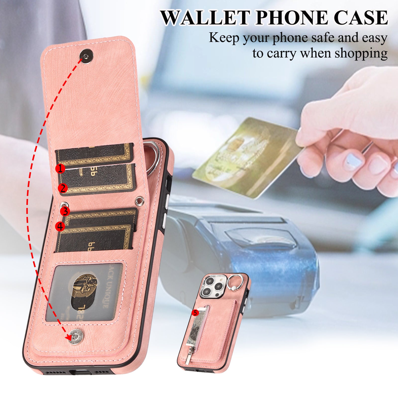 Zipper Pocket Leather+TPU Case for iPhone 15 , Kickstand Phone Cover with Hand Strap and Shoulder Strap - Pink